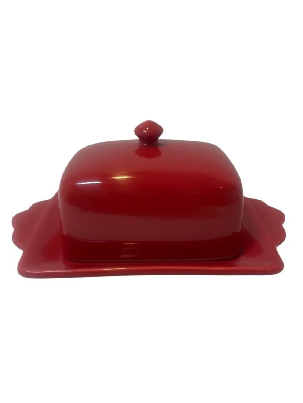 Red Ceramic Butter or Cheese Dish with Lid Scalloped Tray Dishwasher & Microwave